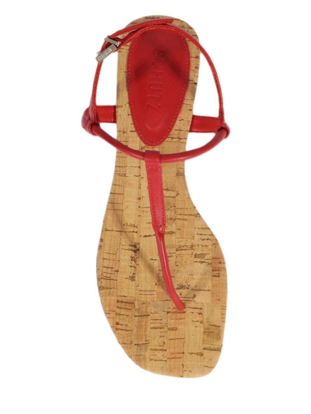 SCHUTZ Red Leather T-Strap Cork Sandal Size 7 New